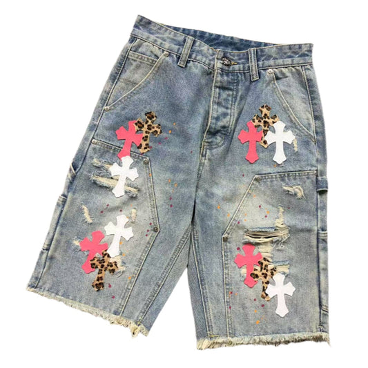 ＣＨＲＭ ＨＲＴＳ LEOPARD PINK WHITE CROSS PATCH JORTS WASHED DENIM